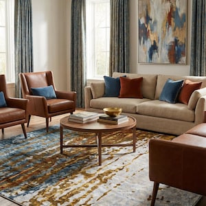 May include: A living room scene featuring a beige sofa with blue and rust-colored pillows, brown leather armchairs, and a round wooden coffee table. A patterned rug in blue, gold, and white complements the decor. An abstract painting hangs on the wall.