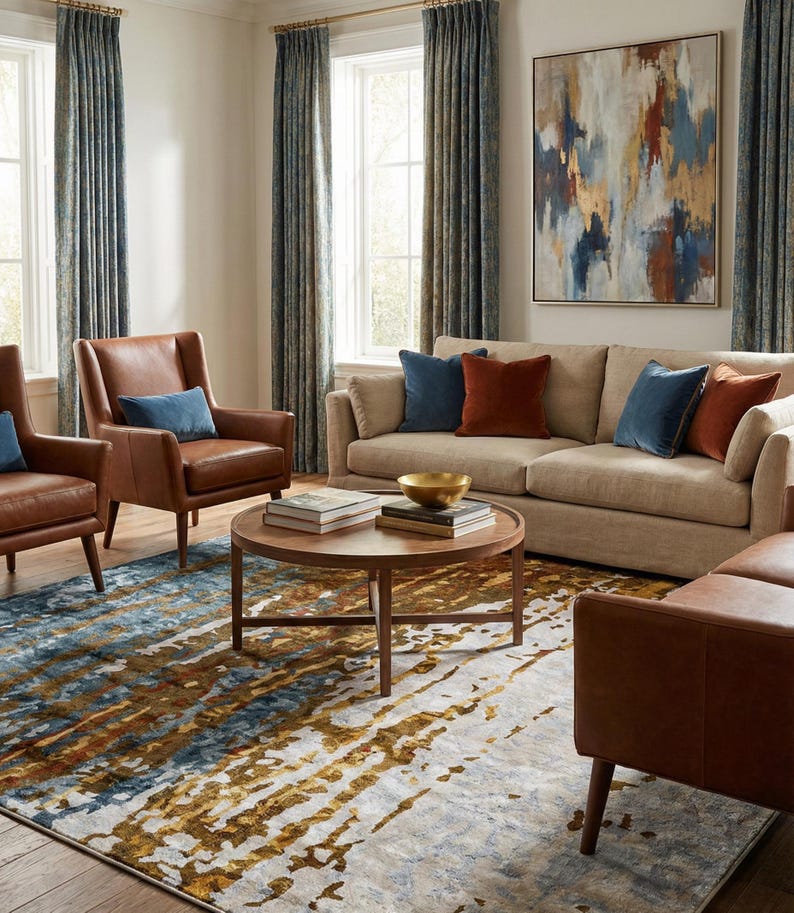 May include: A living room scene featuring a beige sofa with blue and rust-colored pillows, brown leather armchairs, and a round wooden coffee table. A patterned rug in blue, gold, and white complements the decor. An abstract painting hangs on the wall.