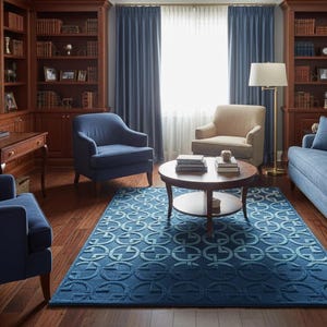 May include: A well-lit living room with hardwood floors, featuring a blue patterned rug, blue armchairs, and a blue sofa. A round wooden coffee table sits in the center, and bookshelves line the walls.