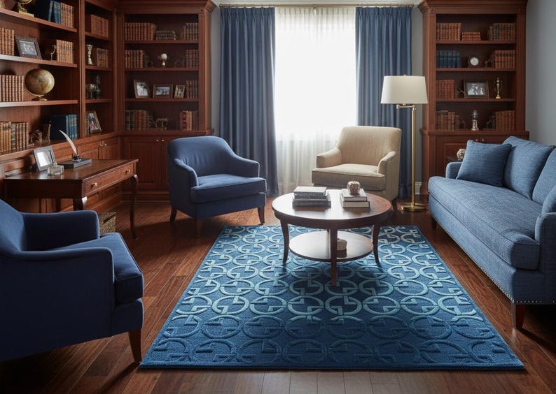 May include: A well-lit living room with hardwood floors, featuring a blue patterned rug, blue armchairs, and a blue sofa. A round wooden coffee table sits in the center, and bookshelves line the walls.