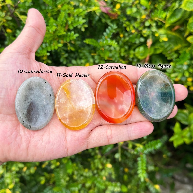 May include: Four polished oval gemstones: Labradorite, Gold Healer, Carnelian, and Moss Agate. The Labradorite is gray, the Gold Healer is yellow, the Carnelian is orange, and the Moss Agate is green. Each stone is labeled with a number and its name.
