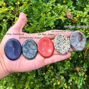 May include: Five polished gemstones: Blue Sandstone, Kambaba Jasper, Red Jasper, Dalmatian Jasper, and Dragon Bloodstone. Each stone is oval-shaped and has a unique color and pattern. The gemstones are held in a hand against a backdrop of green foliage.