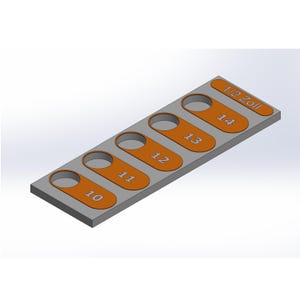 Puede incluir: Una herramienta rectangular gris con cinco cortes ovalados de color naranja, cada uno etiquetado con un número del 10 al 14. La sección superior derecha está etiquetada como "1/2 Zoll".