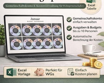 以下が含まれることがあります： 1 月の Excel 予算ダッシュボードを表示するラップトップ。複数の個人の円グラフが表示されています。画面には予算の詳細が表示され、ドイツ語のテキストが表示されます。コーヒーカップ、メモ帳、ペン、コインもあります。