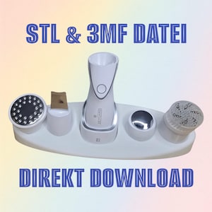 Puede incluir: Un dispositivo de belleza blanco con múltiples accesorios, incluyendo un cabezal redondo con tachuelas plateadas, una pequeña espátula de madera y un cabezal de cepillo. El dispositivo tiene el texto "ZEITGARD" y "STL & 3MF DATEI" y "DIREKT DOWNLOAD" en azul.