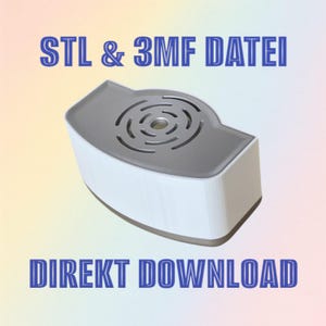 Puede incluir: Un objeto rectangular blanco y gris con un diseño circular en la parte superior. Los textos azules "STL & 3MF DATEI" y "DIREKT DOWNLOAD" sugieren un producto o archivo digital.