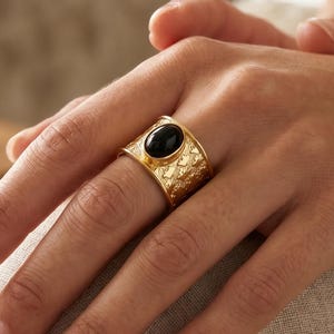 Black Onyx Ring, 18K Gold Plated Wide Band Ring for Women, August Birthstone Jewelry, Textured Boho Stacking Ring, Black Gemstone Ring