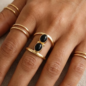 Black Onyx Ring, 18K Gold Plated Double Stone Ring for Women, August Birthstone Jewelry, Split Band Boho Stacking Ring, Black Gemstone Ring