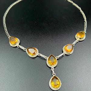 Citrine Gemstone Necklace, 925 Silver Plated, Handmade Statement Jewelry, Vintage Boho Necklace, Yellow Crystal Necklace, Gift for Her