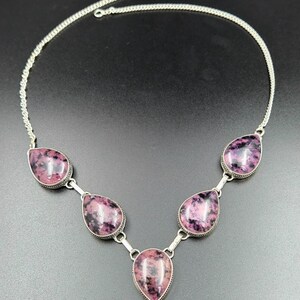 Rhodonite Gemstone Necklace, 925 Silver Plated, Handmade Statement Necklace, Vintage Boho Jewelry, Pink Stone Necklace, Gift for Her