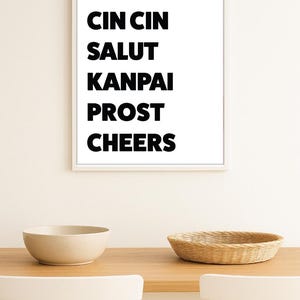 Cin Cin, Salut, Kanpai, Prost, Cheers – Cheers Wall Art Print, Typography Bar Cart Decor, Modern Kitchen Poster – Digital Download