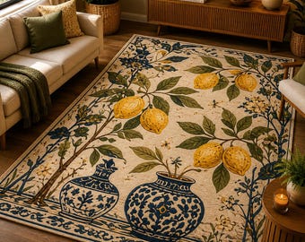 Lemon Tree Area Rug, Mediterranean Floral Carpet, Blue White Vase Rug, Botanical Tufted Rug, Cottagecore Home Decor