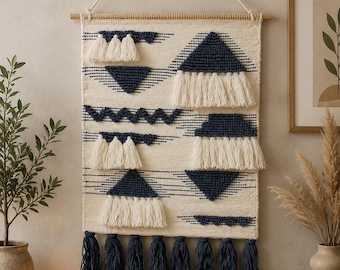 Handmade Woven Wall Hanging | Boho Fiber Wall Art | Modern Geometric Tapestry | Cotton & Wool Wall Decor | Fringe Hanging