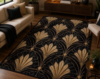 Art Deco Area Rug, Black Gold Tufted Carpet, Luxury Fan Pattern Rug, Modern Glam Living Room Decor Rug