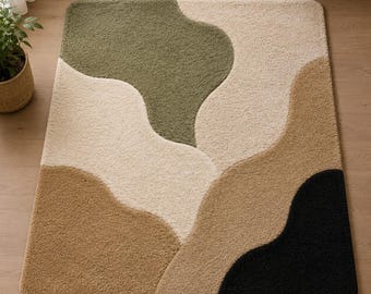 Dywan organiczny w stylu abstrakcyjnym, nowoczesny dywan pikowany, minimalistyczny dywan w odcieniach ziemi, współczesny, ręcznie robiony wystrój salonu