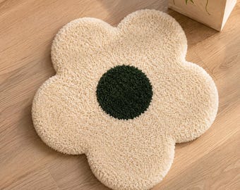 Flower Shaped Hand Tufted Rug, Daisy Area Rug, Cream & Green Wool Rug, Floral Nursery Rug, Aesthetic Handmade Carpet