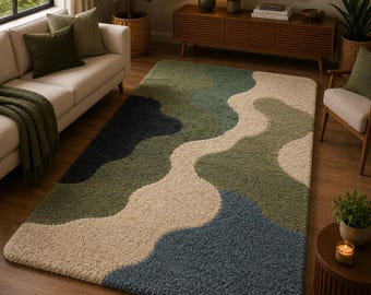 Organic Abstract Area Rug, Sage Green Tufted Carpet, Modern Irregular Shape Rug, Contemporary Handmade Home Decor