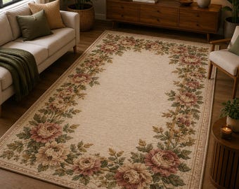 Vintage Rose Border Rug – Handmade Floral Area Rug for Living Rooms, Bedrooms & Cottagecore Home Decor
