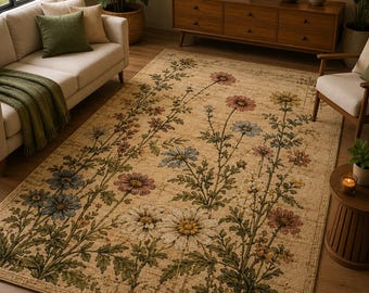 Wildflower Meadow Rug – Handmade Botanical Area Rug for Cottagecore Homes, Living Rooms & Nature-Inspired Decor