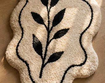 Botanical Hand Tufted Rug, Organic Leaf Wool Rug, Abstract Shape Area Rug, Modern Scandinavian Carpet, Handmade Accent Rug