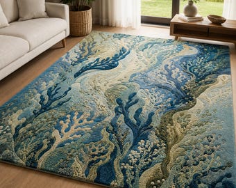 Ocean Inspired Tufted Area Rug, Blue Abstract Coastal Rug, Handmade Modern Living Room Carpet, Sea Wave Rug, Luxury Bedroom Decor
