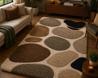 Pebble Stone Area Rug, Modern Tufted Carpet, Neutral Earth Tone Rug, Organic Rock Pattern Handmade Home Decor