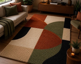 Modern Geometric Area Rug, Abstract Tufted Carpet, Terracotta Olive Green Rug, Contemporary Living Room Decor Rug