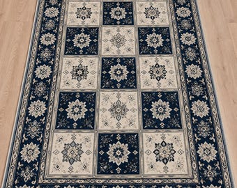 Hand Knotted Oushak Rug 8x10, Navy Blue Cream Area Rug, Turkish Oushak Style Carpet, Handmade Wool Rug,Vintage Patchwork Rug,Living Room Rug