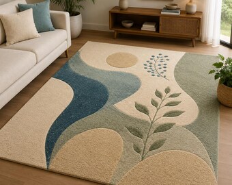 Modern Abstract Tufted Rug – Soft Neutral Botanical Carpet for Cozy Living Spaces