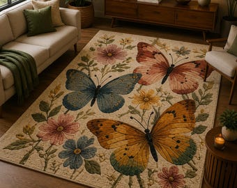Butterfly Floral Area Rug, Nature Inspired Tufted Carpet, Cottagecore Living Room Rug, Colorful Garden Decor Rug