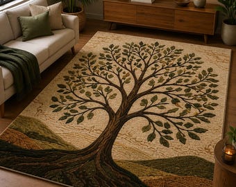 Tree of Life Rug – Handmade Nature-Inspired Area Rug for Living Rooms, Farmhouse Homes & Woodland Decor