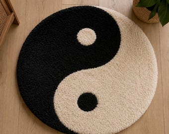 Yin Yang Hand Tufted Rug, Black White Wool Area Rug, Modern Round Rug, Minimalist Handmade Carpet, Zen Home Decor