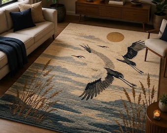 Crane Bird Area Rug, Nature Inspired Tufted Carpet, Japanese Landscape Rug, Coastal Living Room Decor Rug