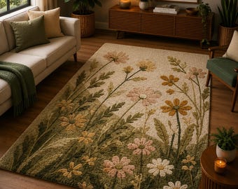 Wildflower Meadow Area Rug, Botanical Tufted Carpet, Cottagecore Floral Rug, Handmade Nature Inspired Home Decor