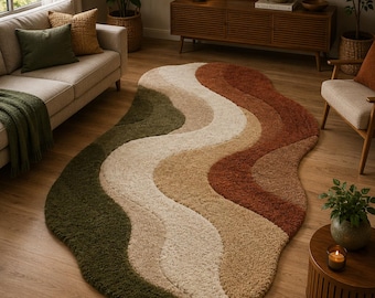Organic Wavy Area Rug, Abstract Tufted Carpet, Olive Cream Terracotta Rug, Contemporary Handmade Home Decor Rug