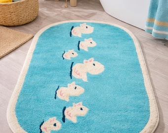Tuftted Cute Duck Bathroom Rug – Soft Absorbent Bath Mat for Kids Bathroom, Non-Slip Floor Mat, Blue Duck Bath Rug for Tub& Sink Area