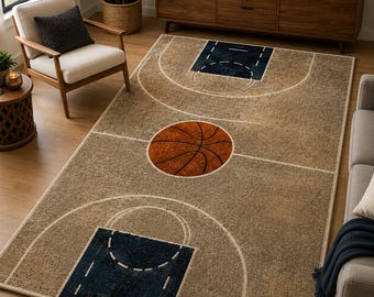 Basketball Court Area Rug – Handmade Tufted Sports Rug for Boys Room, Basketball Bedroom Decor, Gamer Room Carpet, Sports Theme Area Rug
