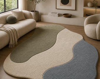 Asymmetrical Hand Tufted Wool Rug, Organic Shape Area Rug, Sage Green Blue Abstract Rug, Modern Living Room Carpet, Custom Size
