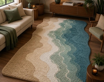 Coastal Wave Area Rug, Ocean Inspired Tufted Carpet, Beach House Decor Rug, Blue Cream Handmade Statement Rug