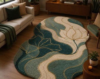 Lotus Abstract Area Rug, Organic Shape Tufted Carpet, Blue Green Floral Rug, Modern Handmade Statement Rug