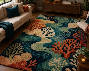 Coral Reef Area Rug, Coastal Ocean Tufted Carpet, Underwater Marine Life Rug, Beach House Living Room Decor