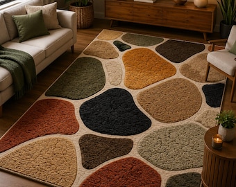 Modern Pebble Tufted Area Rug, Abstract Stone Pattern Carpet, Earth Tone Living Room Rug, Contemporary Handmade Floor Decor