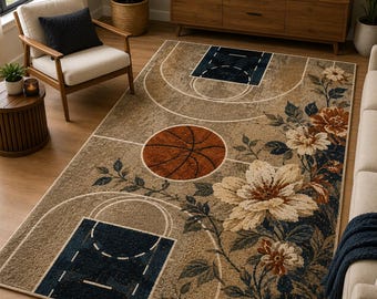 Vintage Floral Basketball Rug – Handmade Sports Area Rug for Basketball Fans, Gamer Room Decor & Unique Bedroom Styling