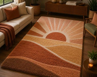 Sunrise Area Rug, Boho Tufted Carpet, Desert Landscape Rug, Modern Earth Tone Handmade Home Decor Rug