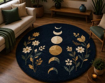 Moon Phase Round Area Rug, Celestial Floral Tufted Carpet, Boho Night Sky Rug, Handmade Botanical Home Decor