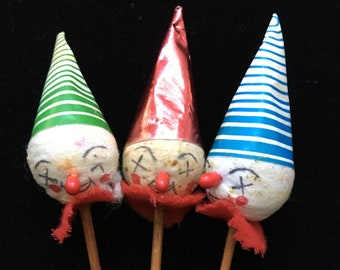 3 Vintage Clown Head Red Foil Green Blue White Stripe Paper Hats Red Felt Collars Circus Clown Picks Cake Cupcake Toppers