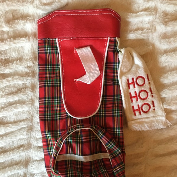 Vintage Carousel Christmas Red Plaid Golf Bag with Ho Ho Ho Fringed Towel Taffeta & Vinyl Stocking