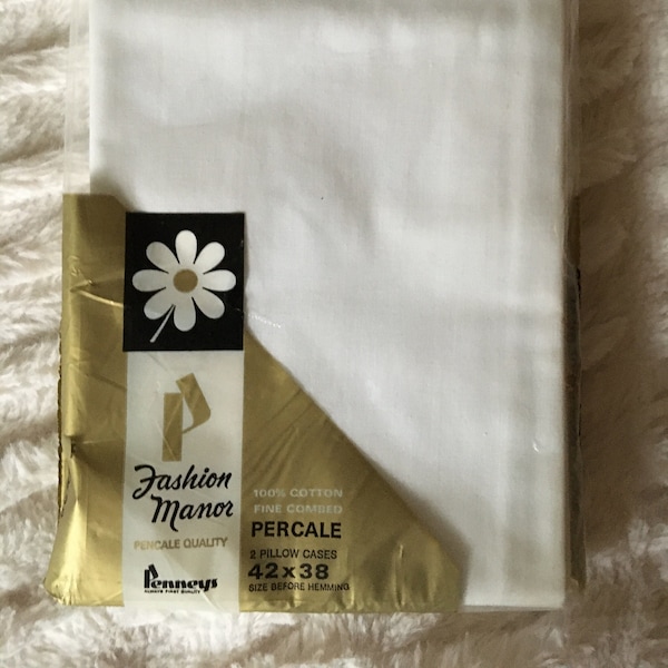 Pair Vintage Penneys Fashion Manor 100% Cotton Standard White Pillowcases New in Pkg