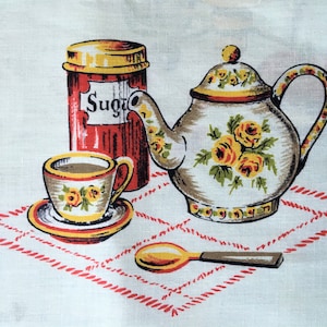 Vintage 1960 Retro Cucina Teiera Tazza da tè Tazza da caffè Pianta Mele Ciliegie Fonduta Vino Picnic Tessuto di cotone