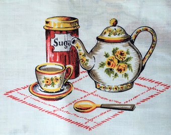 vintage 1960's Retro Cuisine Théière Tasse à Café Tasse à café Pommes Fondue Vin Pique-nique Coton Tissu